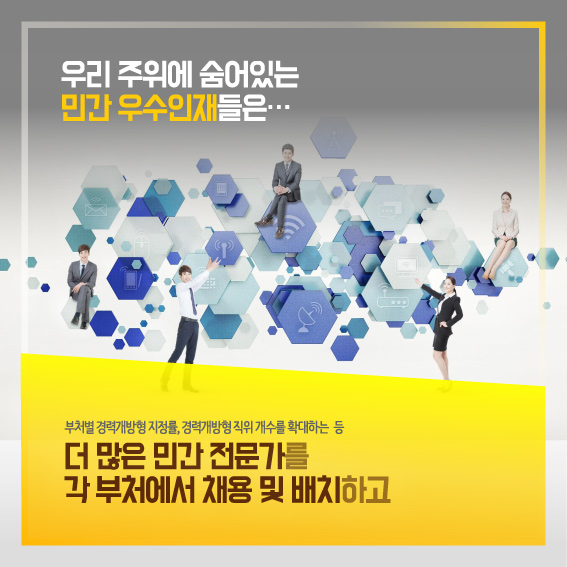 우리 주위에 숨어있는 민간 우수인재들은...부처별 경력개방형 지정률, 경력개방형 직위 개수를 확대하는 등 더 많은 민간 전문가를 각 부처에서 채용 및 배치하고