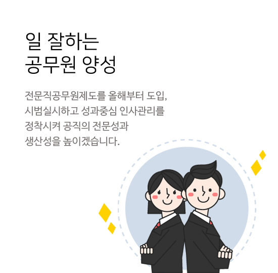 일 잘하는 공무원 양성 전문직공무원제도를 올해부터 도입, 시범실시하고 성과중심 인사관리를 정착시켜 공직의 전문성과 생산성을 높이겠습니다.