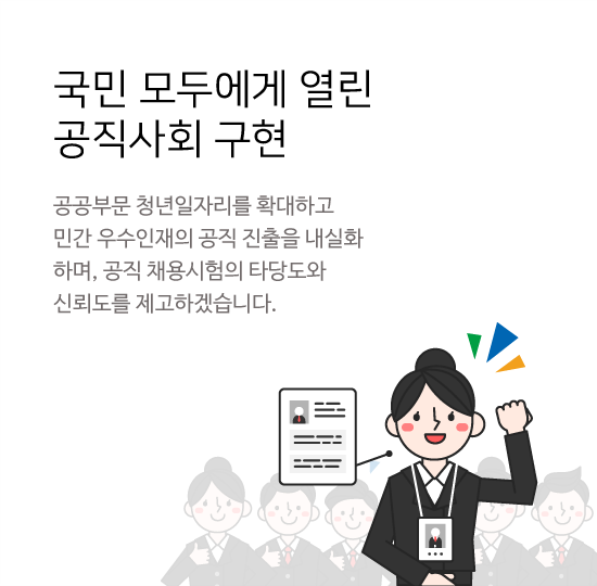 국민모두에게 열린 공직사회구현 공공부문 청년일자리를 확대하고 민간 우수인재의 공직진출을 내실화하며, 공직 채용시험의 타당도와 신뢰도를 제고 하겠습니다.