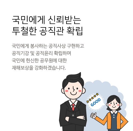 국민에게 신뢰받는 투철한 공직관 확립 국민에게 봉사하는 공직사상 구현하고 공직기강 및 공직윤리 확립하며 국민에게 헌신한 공무원에 대한 재해보상을 강화하겠습니다.
