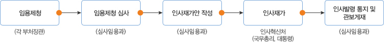 임용제청(각 부처장관) → 임용제청 심사(심사임용과) → 인사재가안 작성(심사임용과) → 인사재가(인사혁신처, 국무총리, 대통령) → 인사발령 통지 및 관보게재(심사임용과)