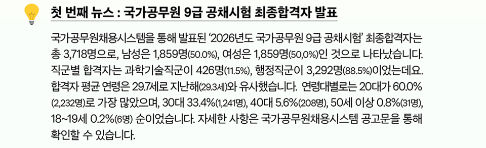 첫 번째 뉴스 : 국가공무원 9급 공채시험 최종합격자 발표
(상세내용은 하단참조)