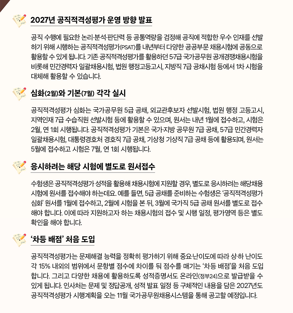 
2027년부터 공직적격성평가(PSAT)가 검정시험 형태로 시행돼요!(상세내용은 하단참조)