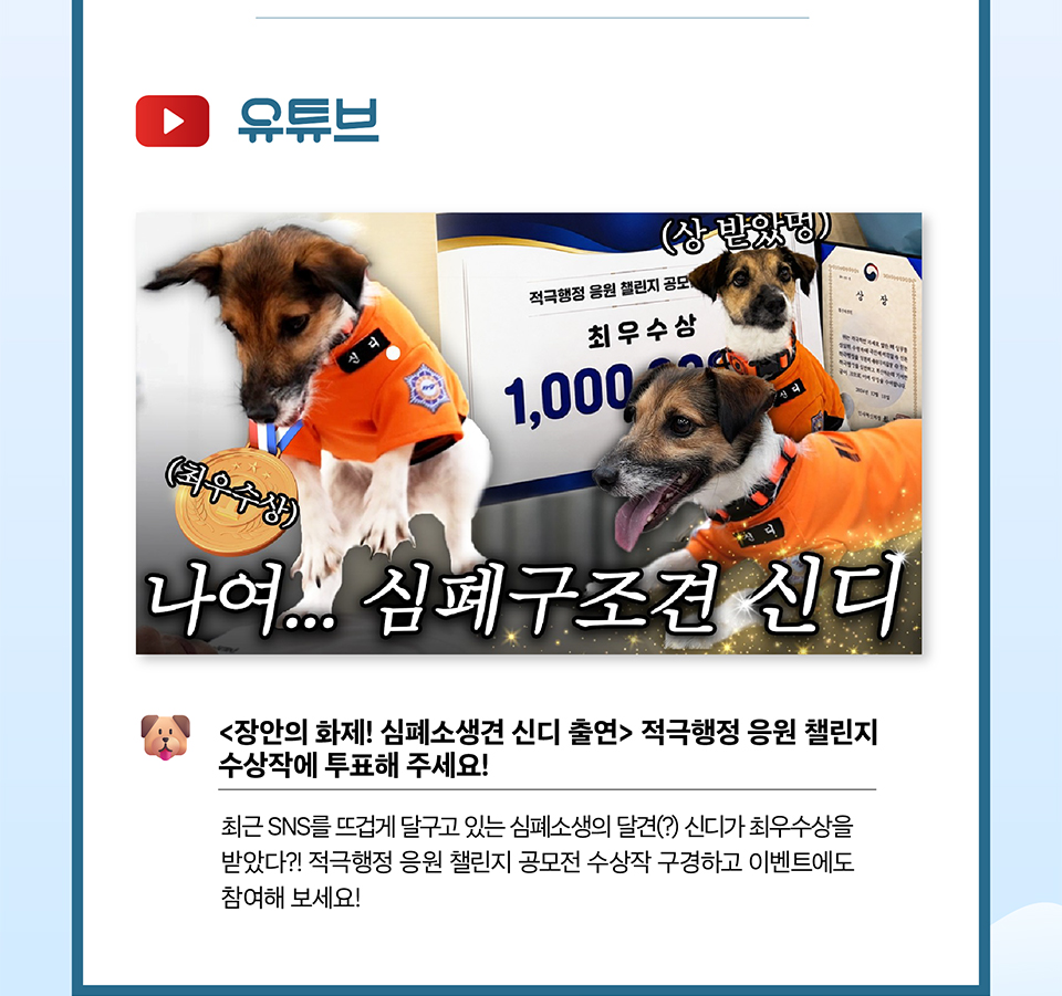 유튜브 적극행정 응원 챌린지 수상작에 투표해 주세요!(상세내용은 하단참조)