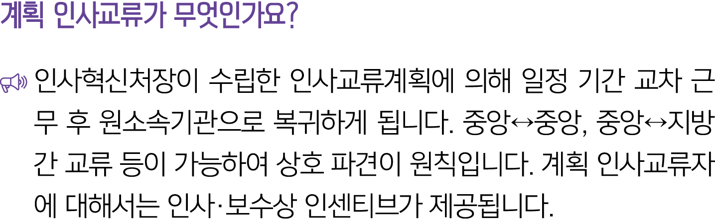 계획 인사교류가 무엇인가요? ￼ 인사혁신처장이 수립한 인사교류계획에 의해 일정 기간 교차 근무 후 원소속기관으로 복귀하게 됩니다. 중앙↔중앙, 중앙↔지방 간 교류 등이 가능하여 상호 파견이 원칙입니다. 계획 인...