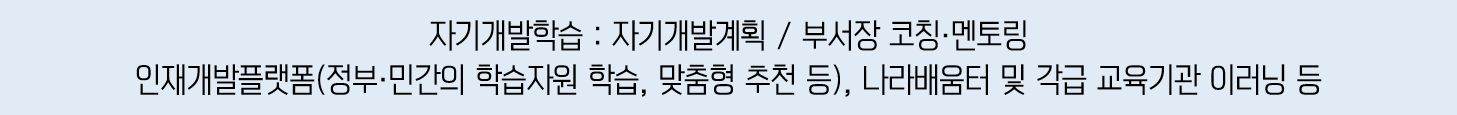 자기개발학습 : 자기개발계획 / 부서장 코칭·멘토링 인재개발플랫폼(정부·민간의 학습자원 학습, 맞춤형 추천 등), 나라배움터 및 각급 교육기관 이러닝 등 