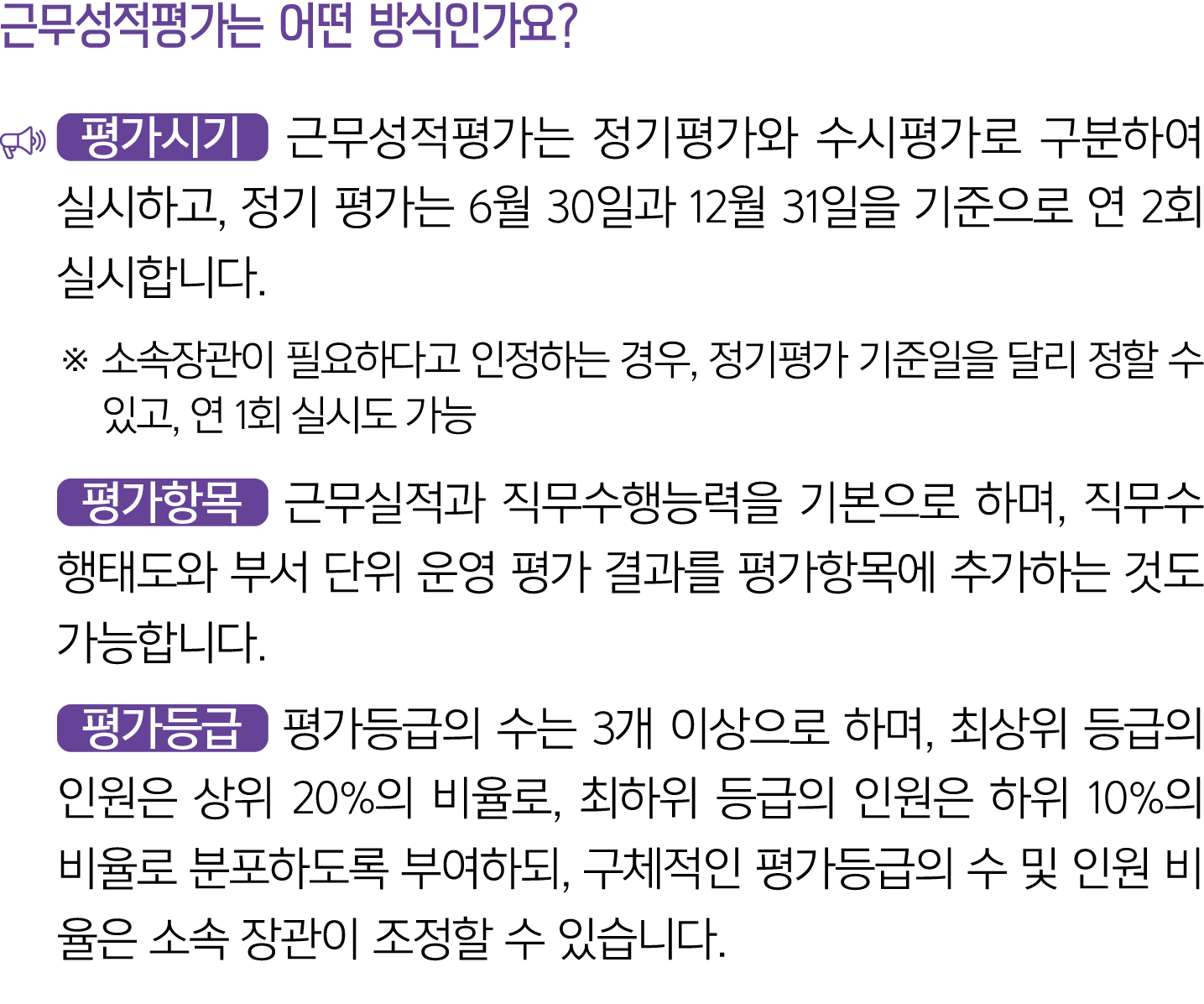 근무성적평가는 어떤 방식인가요? ￼ ￼ 근무성적평가는 정기평가와 수시평가로 구분하여 실시하고, 정기 평가는 6월 30일과 12월 31일을 기준으로 연 2회 실시합니다. ※ 소속장관이 필요하다고 인정하는 경우, ...