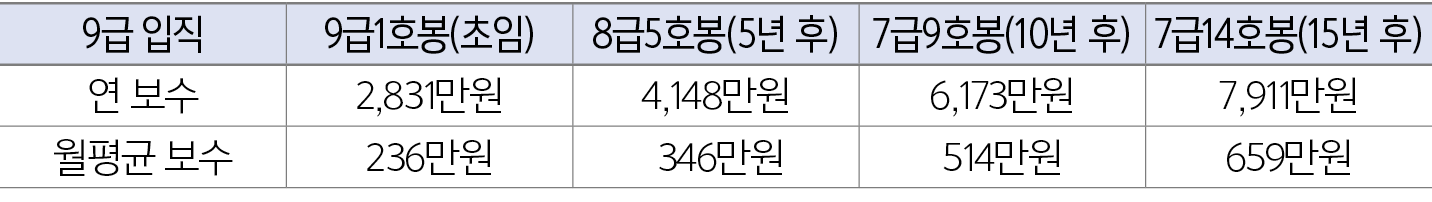 9급 입직,9급1호봉(초임),8급5호봉(5년 후),7급9호봉(10년 후),7급14호봉(15년 후),연 보수,2,831만원,4,148만원,6,173만원,7,911만원,월평균 보수,236만원, 346만원,514만원...
