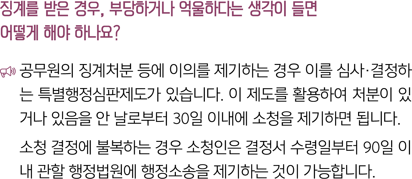 징계를 받은 경우, 부당하거나 억울하다는 생각이 들면 어떻게 해야 하나요? ￼ 공무원의 징계처분 등에 이의를 제기하는 경우 이를 심사·결정하는 특별행정심판제도가 있습니다. 이 제도를 활용하여 처분이 있거나 있음...