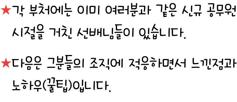 ★ 각 부처에는 이미 여러분과 같은 신규 공무원 시절을 거친 선배님들이 있습니다. ★ 다음은 그분들의 조직에 적응하면서 느낀점과 노하우(꿀팁)입니다. 