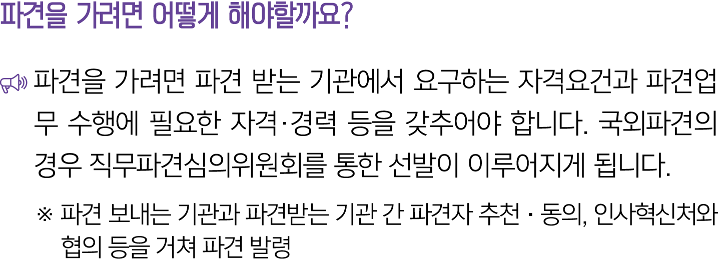 파견을 가려면 어떻게 해야할까요? ￼ 파견을 가려면 파견 받는 기관에서 요구하는 자격요건과 파견업무 수행에 필요한 자격·경력 등을 갖추어야 합니다. 국외파견의 경우 직무파견심의위원회를 통한 선발이 이루어지게 됩...