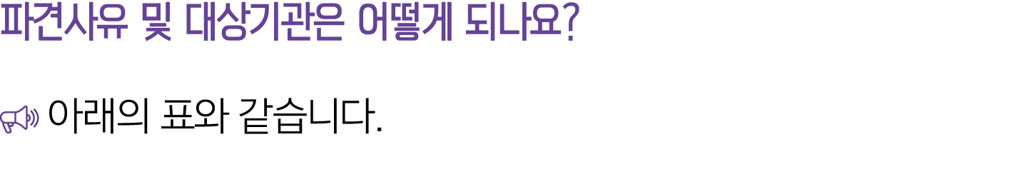 파견사유 및 대상기관은 어떻게 되나요? ￼ 아래의 표와 같습니다.