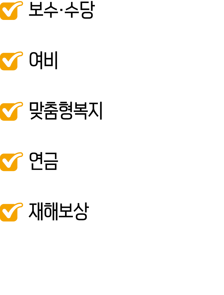 ￼ 보수·수당 ￼ 여비 ￼ 맞춤형복지 ￼ 연금 ￼ 재해보상