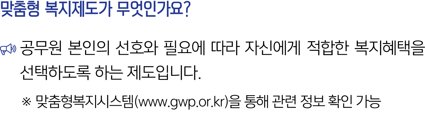 맞춤형 복지제도가 무엇인가요? ￼ 공무원 본인의 선호와 필요에 따라 자신에게 적합한 복지혜택을 선택하도록 하는 제도입니다. ※ 맞춤형복지시스템(www.gwp.or.kr)을 통해 관련 정보 확인 가능
