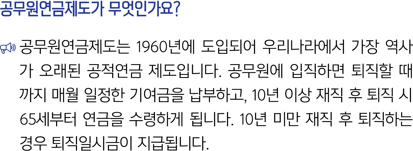 공무원연금제도가 무엇인가요? ￼ 공무원연금제도는 1960년에 도입되어 우리나라에서 가장 역사가 오래된 공적연금 제도입니다. 공무원에 입직하면 퇴직할 때까지 매월 일정한 기여금을 납부하고, 10년 이상 재직 후 ...