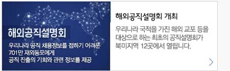 해외공직설명회(우리나라 공직 채용정보를 접하기 어려운 701만 재외동포에게 공직 진출의 기회와 관련 정보를 제공) 개최. 우리나라 국적을 가진 해외 교포 등을 대상으로 하는 최초의 공직설명회가 북미지역 12곳에서 열립니다.