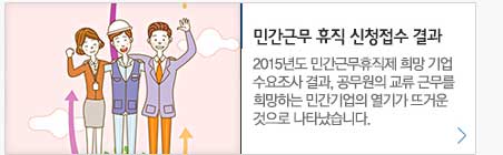 민간근무 휴직 신청접수 결과. 2015년도 민간근무휴직제 희망 기업 수요조사 결과, 공무원의 교류 근무를 희망하는 민간기업의 열기가 뜨거운 것으로 나타났습니다.