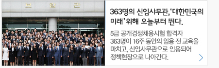 363명의 신임사무관 '대한민국의 미래'위해 오늘부터 뛴다. 5급 공개경쟁채용시험 합격자 363명이 16주동안의 임용 전 교육을 마치고, 신임 사무관으로 임용되어 정책현장으로 나아간다.