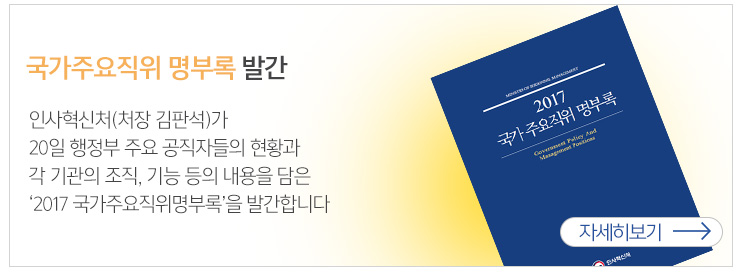 국가주요직위 명부록 발간 인사혁신처(처장 김판석)가 20일 행정부 주요 공직자들의 현황과 각 기관의 조직,기능등의 내용을 담은 2017 국가 주요직위명부록을 발간합니다.자세히보기