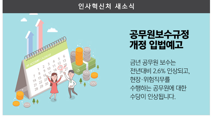 공무원보수규정개정 입법예고 금년 공무원 보수는 전년대비 2.6% 인상되고 현장 위험직무를 수행하는 공무원에 대한 수당이 인상됩니다.