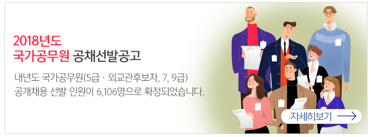 2018년도  국가공무원 공채선발공고 내년도 국가공무원(5급 외교관후보자 7,9급) 공개채용 선발인원이 6,106명으로 확정되었습니다. 자세히보기