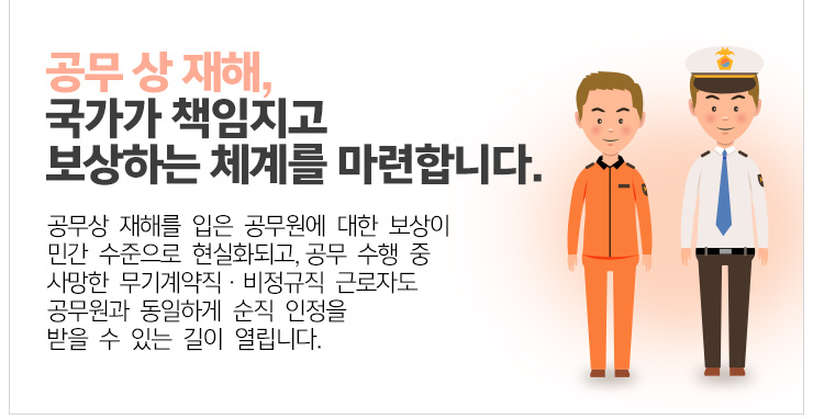 공무상 재해 국가가 책임지고 보상하는 체계를 마련합니다. 공무상 재해를 입은 공무원에 대한 보상이 민간수준으로 현실화되고, 공무수행중 사망한 무기계약직 비정규직 근로자도 공무원과 동일하게 순진 인정을 받을수 있는 길이 열립니다.