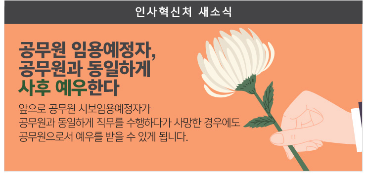 공무원 임용예정자, 공무원과 동일하게 사후 예우한다. 앞으로 공무원 시보임용예정자가 공무원과 동일하게 직무를 수행하다가 사망한 경우에도 공무원으로서 예우를 받을수 있게 됩니다.