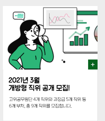 2021년 3월 개방형 직위 공개 모집! 고위공무원 4개 직위와 과장급 5개 직위 등 6개부처, 총 9개 직위를 모집합니다.