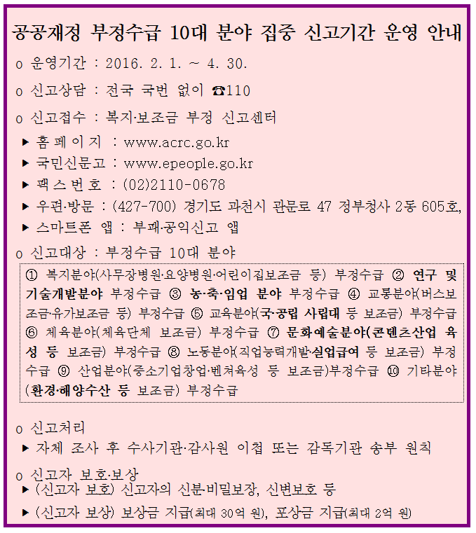 공공재정 부정수급 10대분야 집중 신고기간 운영 안내