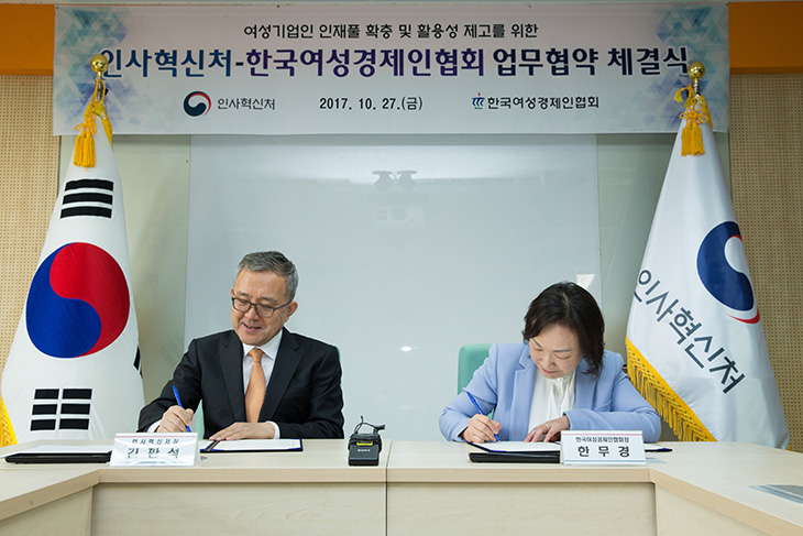 협약서에 서명 하는 김판석 인사혁신처장과 한무경 한국여성경제인협회장 