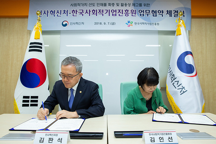 업무협약에 서명하는 김인선 한국사회적기업진흥원장과 김판석 인사혁신처장