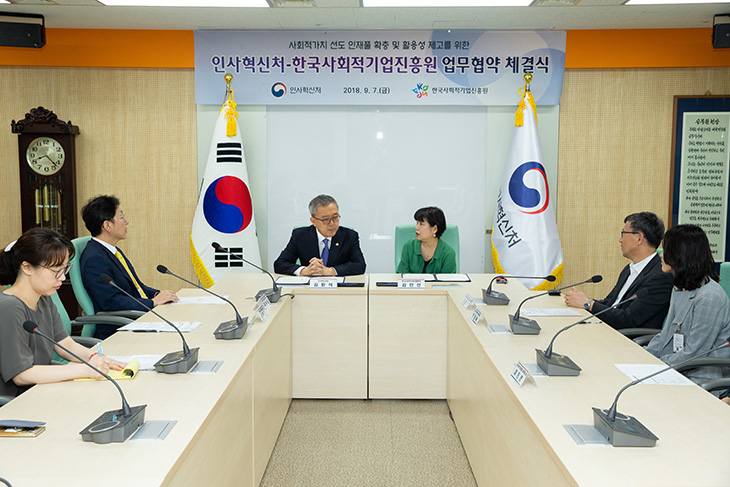 김판석 인사혁신처장과 김인선 한국사회적기업진흥원장이 업무협약 체결식 모습 