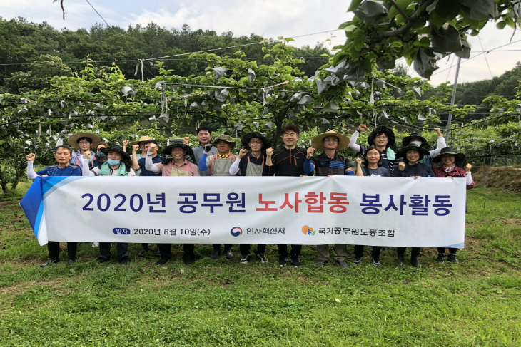 일손 부족으로 어려움을 겪는 배 농가를 방문한 공무원 노사합동 봉사자들