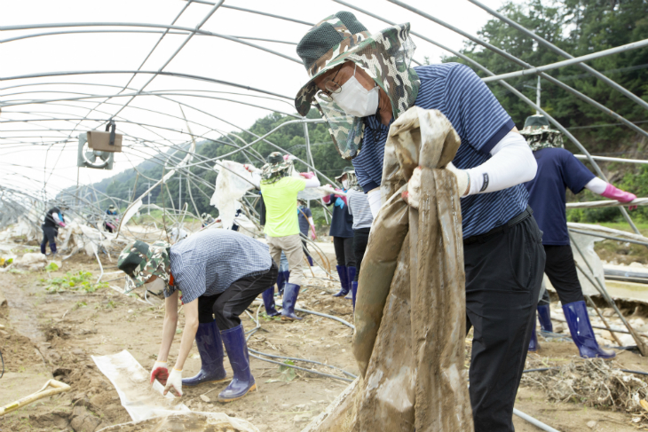 집중호우로 침수 피해를입은 천안지역 수해 현장을 찾아 복구작업을 하는 공무원 노사