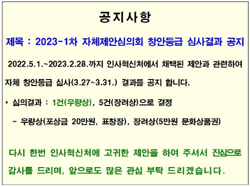 2023-1차 인사혁신처 자체제안심의회 창안등급 심사결과 공지