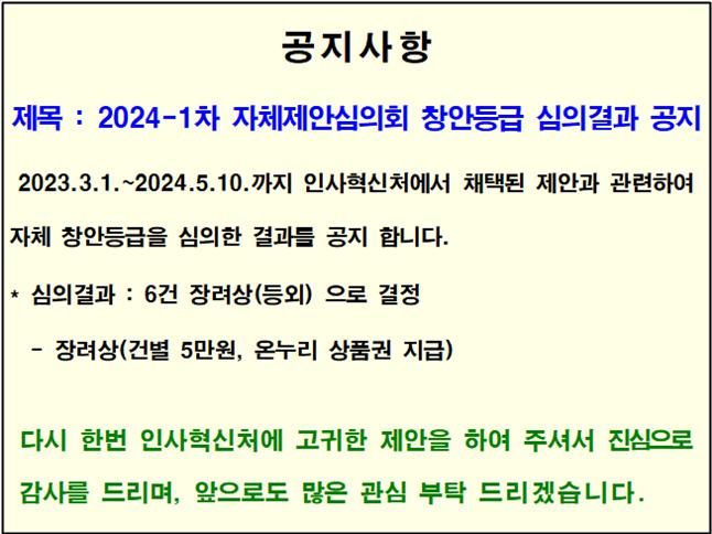 2024-1차 자체제안심의회 창안등급 심의결과 공지